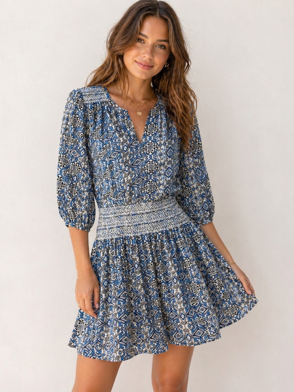 Roper Blue & White Floral Tribal Print Smocked Waist Dress Sz. L